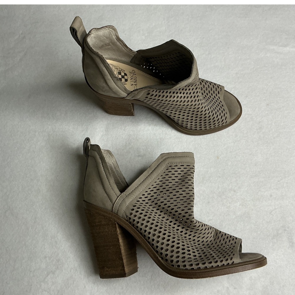 Vince Camuto Kensa Taupe Perforated Peep Toe Booties Block Heel Shoes 6M